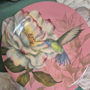 4 Susan Winget Pink Floral Plates Hummingbird Tropical Rare Discontinued